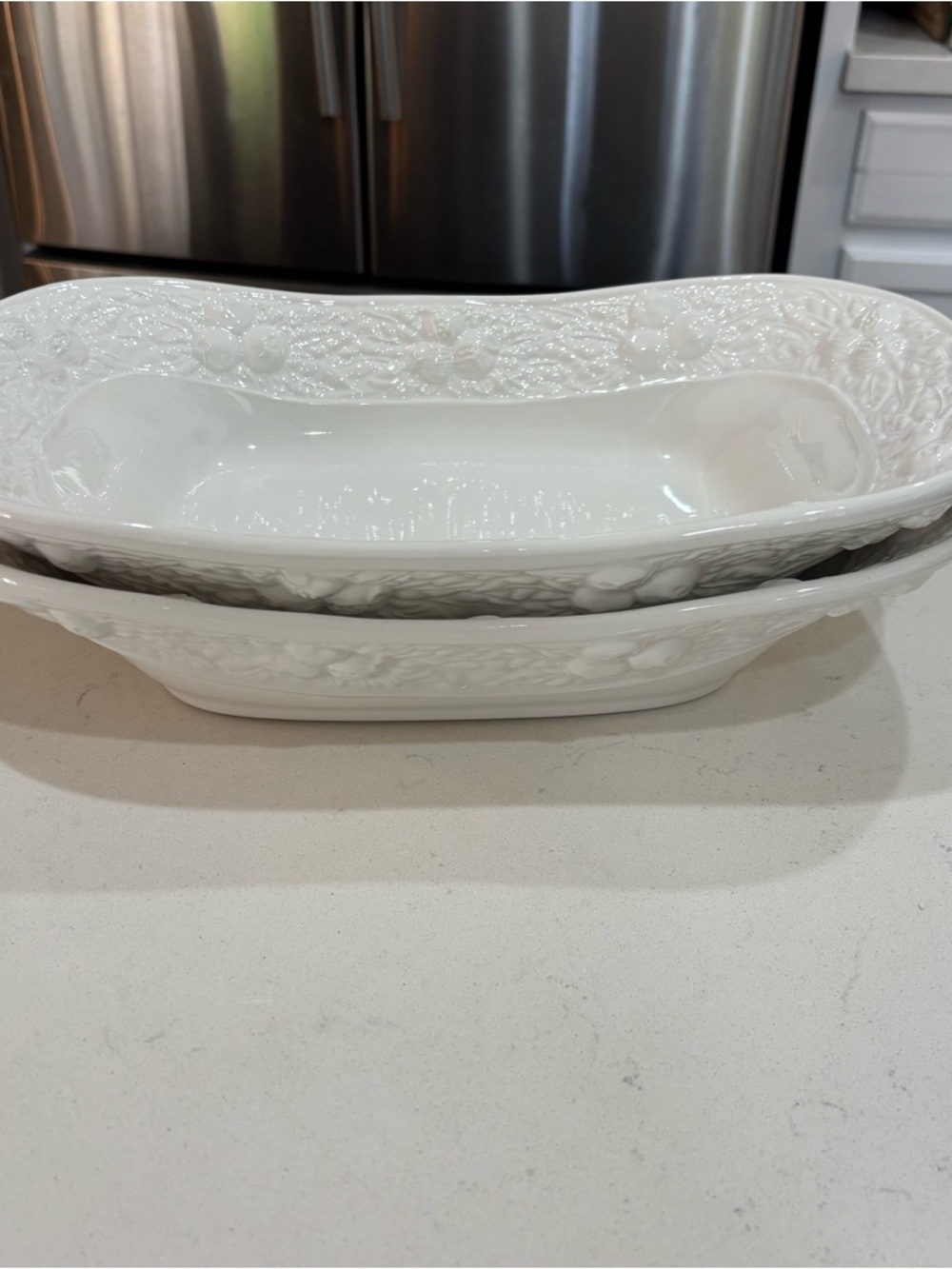 CWC White Embossed Fruit Ceramic Serving Bowls Set of 2 Made in Italy